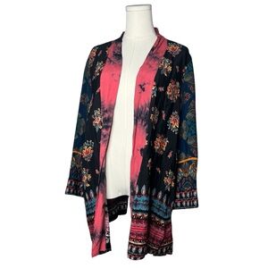 John Mark Dark Floral Boho Mixed Print Open Front Kimono Topper Artsy Resortwear